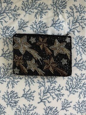 Vtg Neiman Marcus Shooting Star Bead Clutch Pouch Wallet Gold Silver Black Glam